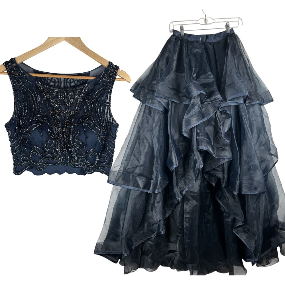 Terani Couture Two Piece Beaded Prom Dress  Womens Size 0 Navy Formal Gown Glam